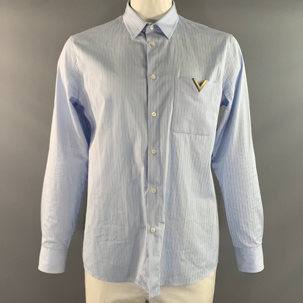 VALENTINO Size L Blue Black & White Stripe Cotton Button Up Long Sleeve Shirt